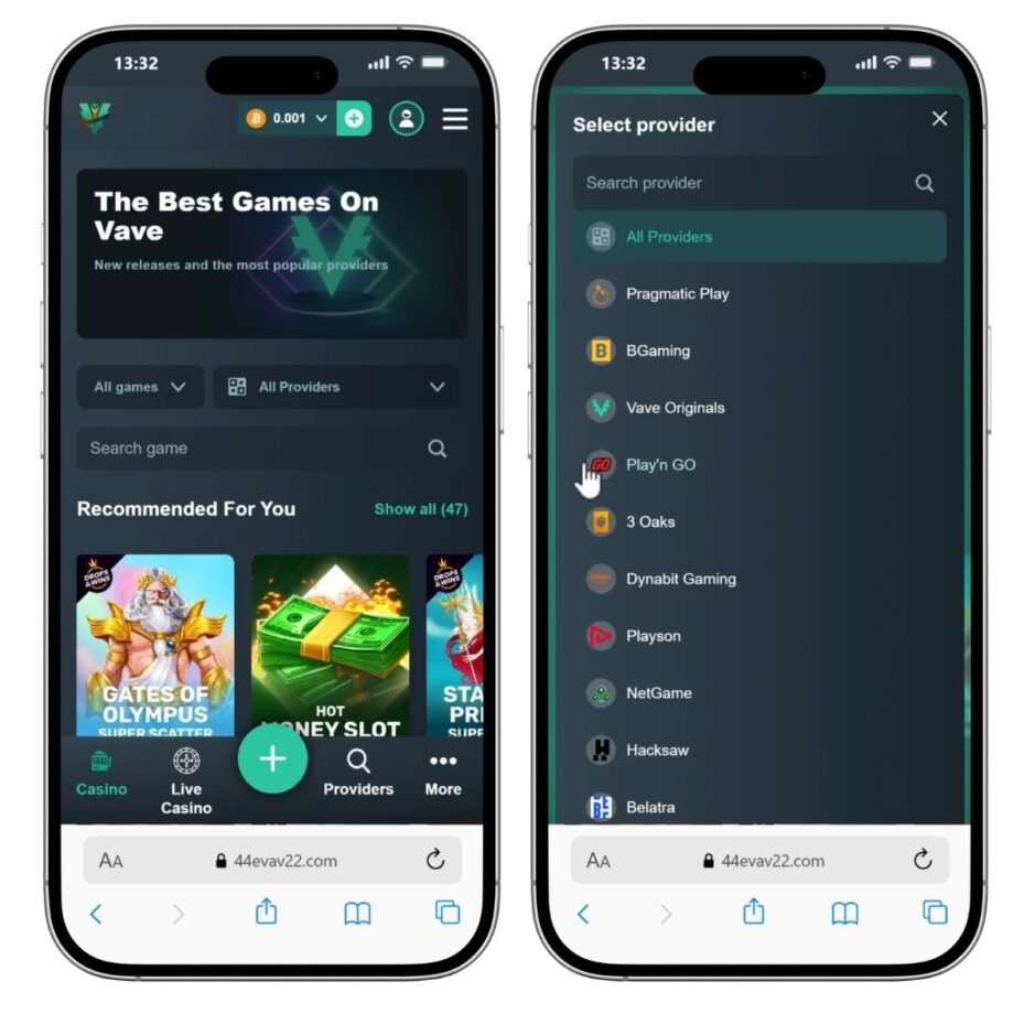 mobile screenshot showing Vave casino games and software providers