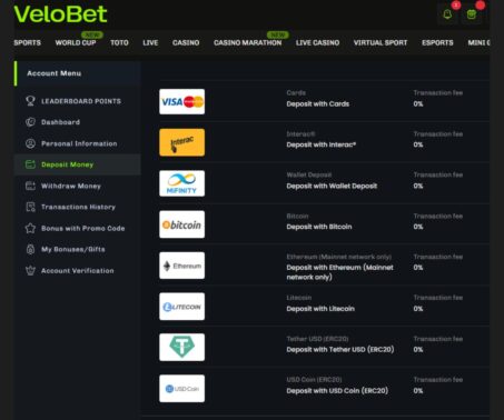 Velobet account menu with Deposit Money option highlighted in the left sidebar.