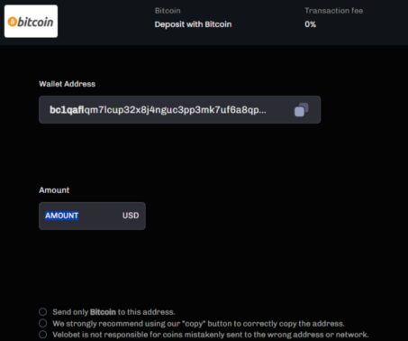 Velobet Bitcoin deposit screen showing a wallet address field and amount input in USD.