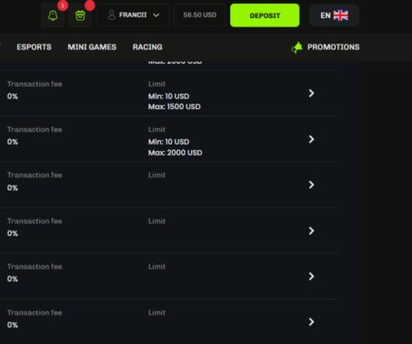 Velobet deposit screen showing minimum deposit of 10 USD and maximum of 1500 USD for selected payment method
