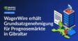 Genehmigtes Dokument mit grünem Häkchenstempel, isometrische Europakarte mit Standortpin auf Gibraltar, Bürogebäude mit Flagge.
