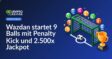 Buntes Spielautomaten-Display mit neun Bällen, einem Fußball und Jackpot-Anzeige mit 2.500x Multiplikator.