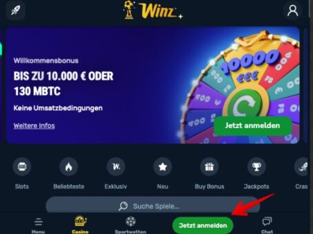 Erster Schritt der Registrierung im Winz Casino