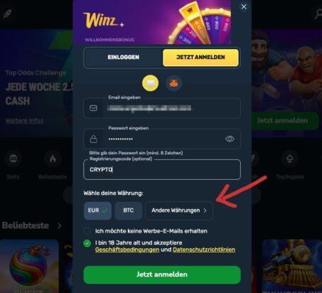 Zweiter Schritt der Registrierung im Winz Casino