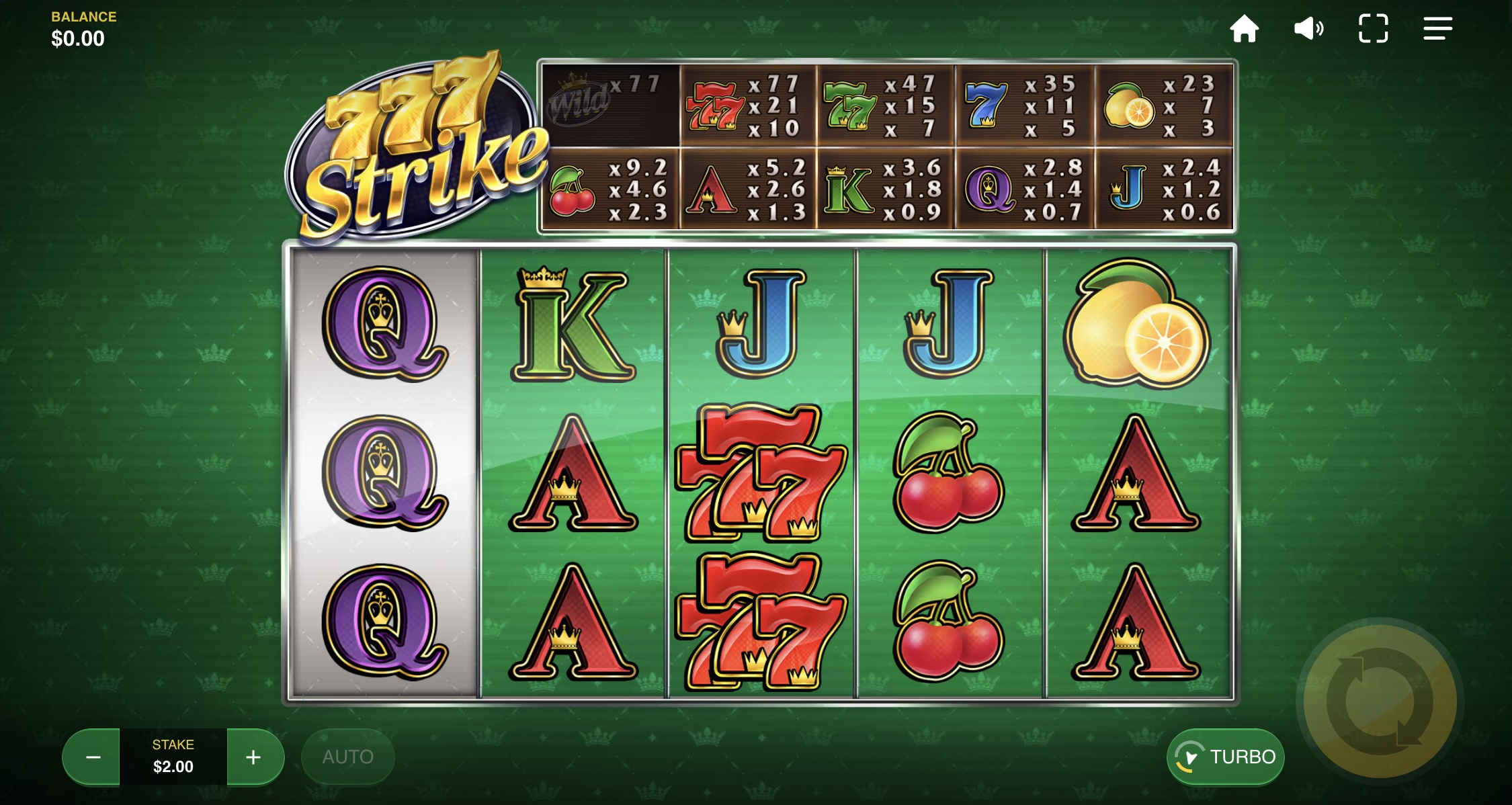 777 strike slot with red sevens, cherries, lemons and card symbols on five reels
