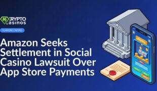 Smartphone displaying coin game, courthouse building in background, stamped legal document beside it on wooden surface
