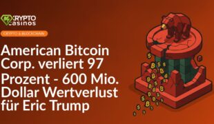 Porträt von Eric Trump vor Bitcoin-Symbol und fallendem Aktienkurs in Rot auf dunklem Hintergrund