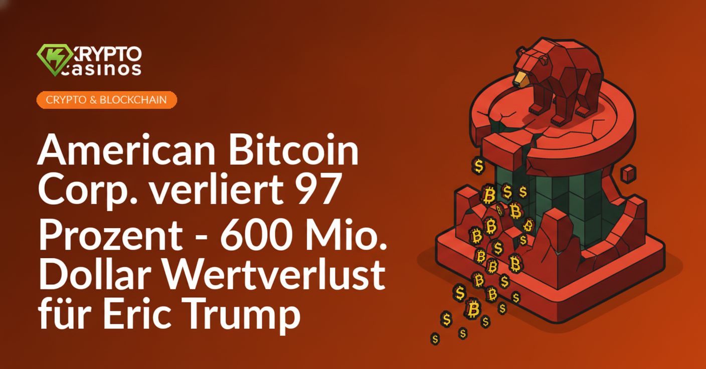 Porträt von Eric Trump vor Bitcoin-Symbol und fallendem Aktienkurs in Rot auf dunklem Hintergrund