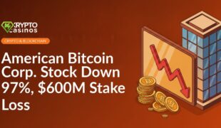 Steep red downward arrow over stock chart, toppled gold coin stack, modern glass office building in background.