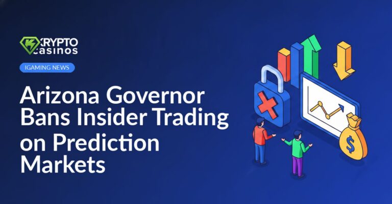 Arizona Governor signing a document at a desk with a gavel and prediction market charts visible nearby