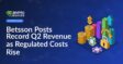 Betsson logo next to stacked coins and upward trending bar chart with financial data on a blue background