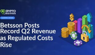 Betsson logo next to stacked coins and upward trending bar chart with financial data on a blue background