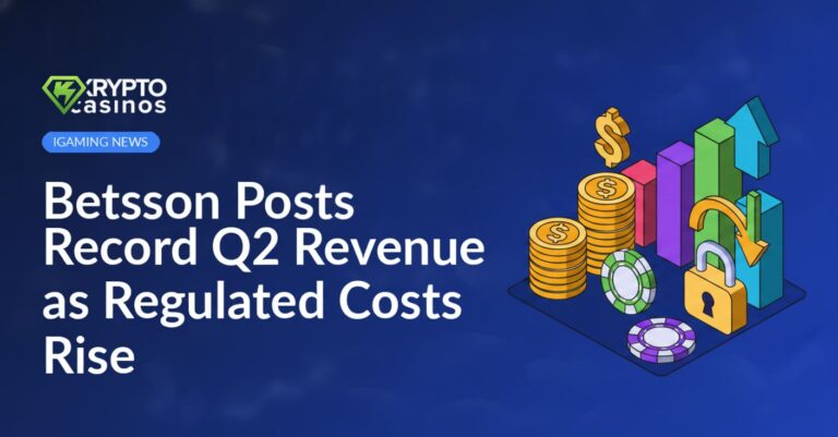 Betsson logo next to stacked coins and upward trending bar chart with financial data on a blue background