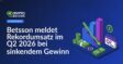 Betsson-Logo vor Diagramm mit steigenden Balken und fallendem Gewinnpfeil in Blau- und Rottönen.
