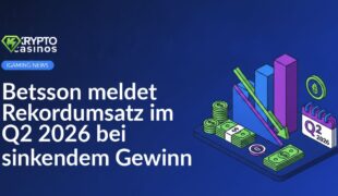 Betsson-Logo vor Diagramm mit steigenden Balken und fallendem Gewinnpfeil in Blau- und Rottönen.