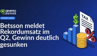 Aufsteigendes Balkendiagramm mit Dollarzeichen, Stapel goldener Münzen und Steuerdokument mit großem Prozentzeichen.