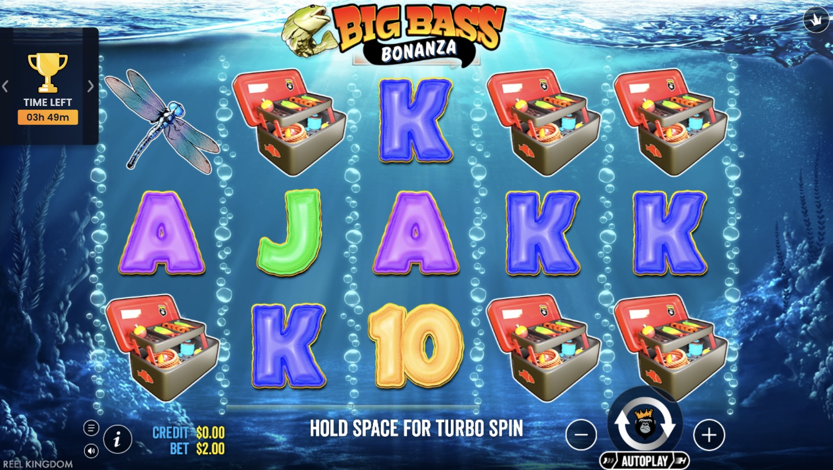 big bass bonanza slot with underwater reels, fishing tackle symbols and spin controls