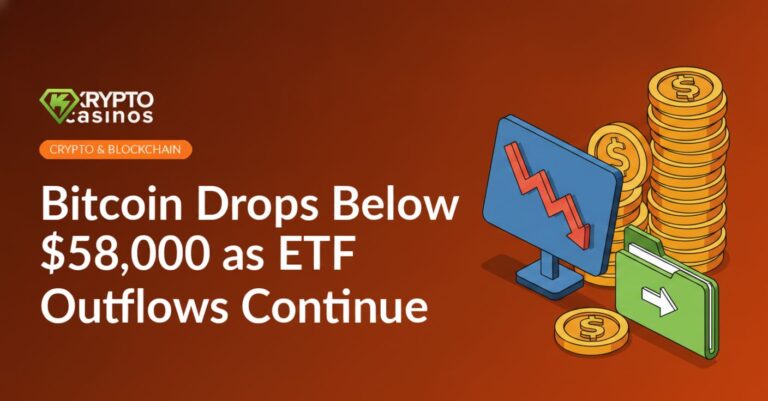 Falling red line chart on screen, tipping stack of gold coins, investment fund folder with outward arrow on blue background.