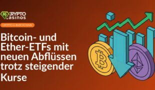 Schwarzer Hintergrund mit stilisierten Bitcoin- und Ether-Symbolen in Gold und Silber, Pfeile nach unten und aufwärts.
