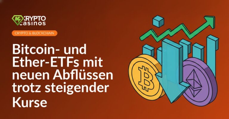 Schwarzer Hintergrund mit stilisierten Bitcoin- und Ether-Symbolen in Gold und Silber, Pfeile nach unten und aufwärts.