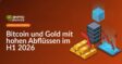Goldbarren mit rotem Pfeil nach unten, Server-Stack mit leuchtendem Würfel, Bildschirm mit fallendem roten Kursdiagramm.