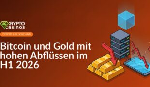Goldbarren mit rotem Pfeil nach unten, Server-Stack mit leuchtendem Würfel, Bildschirm mit fallendem roten Kursdiagramm.
