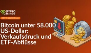Preisanzeige mit rotem Pfeil nach unten, umkippender Goldmünzenstapel und offener Tresor mit herausfallenden Münzen.