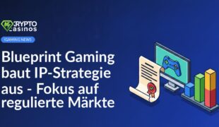 Zertifikat mit Siegel, Desktop-Monitor mit Spielcontroller-Symbol und ansteigendem Balkendiagramm auf weißem Hintergrund