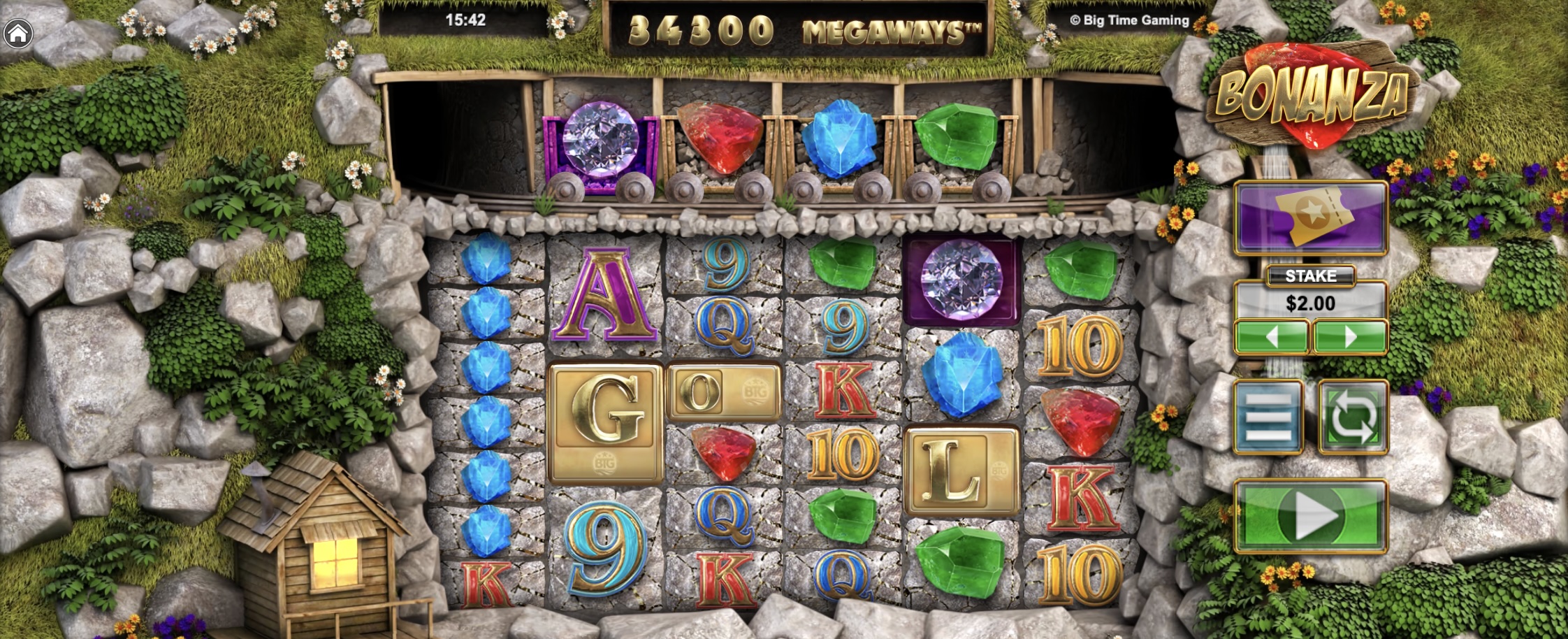 bonanza megaways slot with colourful gemstones, mining carts and spin controls