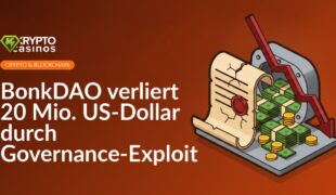 Aufgerissenes Dokument mit rotem Siegel, offener Tresor mit Geldscheinen, fallendes Diagramm mit rotem Pfeil nach unten
