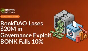 Cracked vault spilling cash, ballot box with gauge, and downward bar chart on dark background.