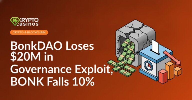 Cracked vault spilling cash, ballot box with gauge, and downward bar chart on dark background.