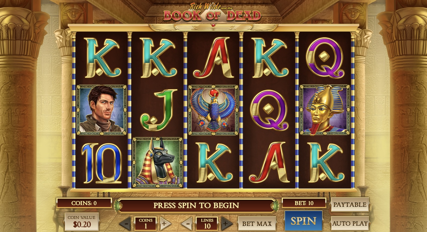 book of dead slot with five reels, egyptian symbols and spin controls