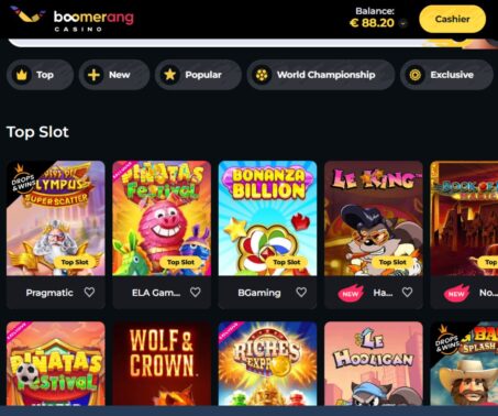 how-to screenshot showing top slots at Boomerang casino and balance next to the cashier