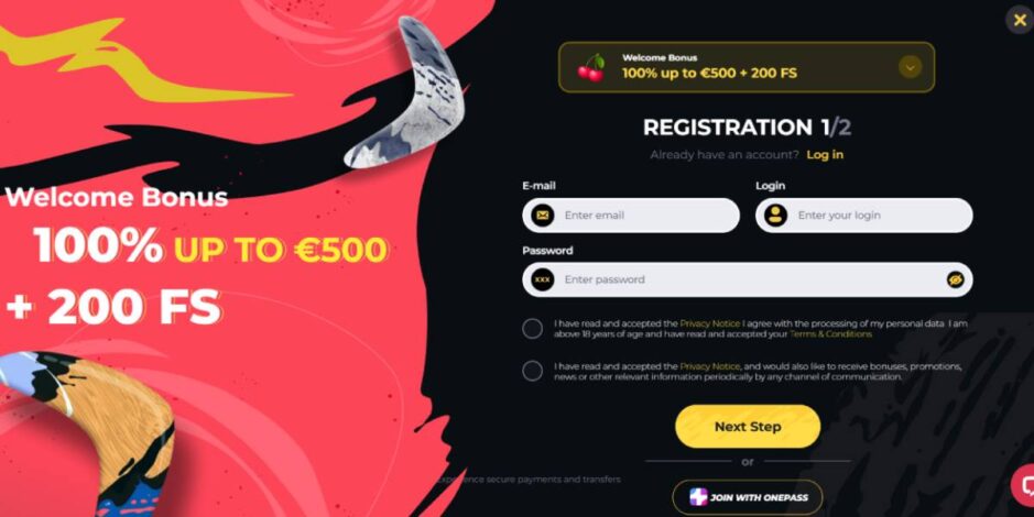screenshot showing registration window at Boomerang casino