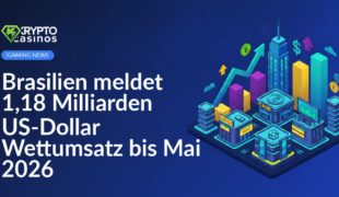Bunte Brasilien-Flagge vor einem digitalen Wettbildschirm mit Zahlen und Diagrammen zum Umsatz bis Mai 2026.