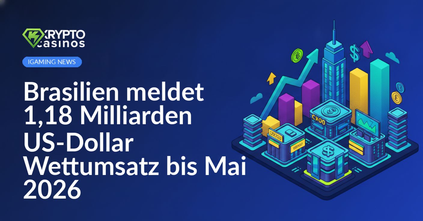 Bunte Brasilien-Flagge vor einem digitalen Wettbildschirm mit Zahlen und Diagrammen zum Umsatz bis Mai 2026.