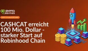 Rakete startet von digitaler Plattform, goldene Münzstapel und vernetzte Würfel mit aufsteigendem Balkendiagramm.