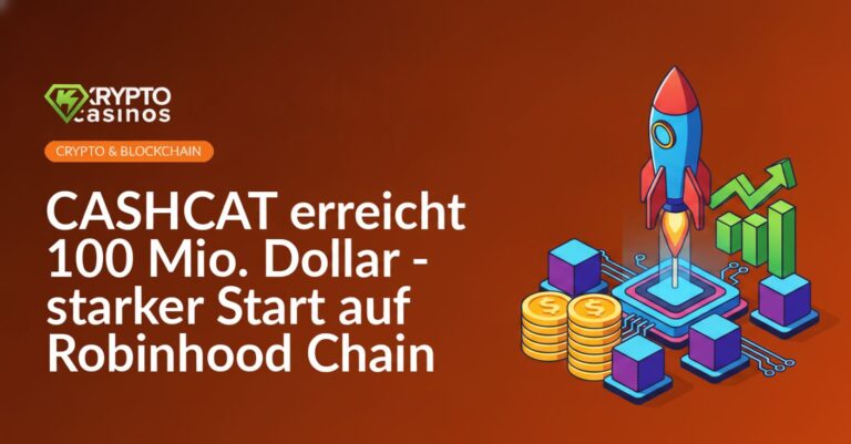 Rakete startet von digitaler Plattform, goldene Münzstapel und vernetzte Würfel mit aufsteigendem Balkendiagramm.