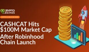 Stacked gold coins beside glowing upward bar chart on screen with a rocket launching in the background.