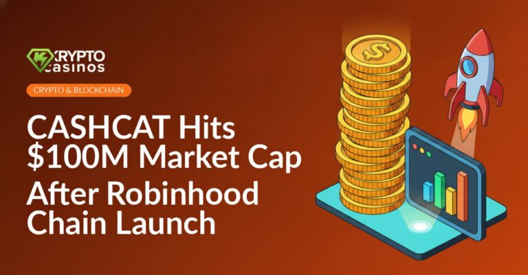 Stacked gold coins beside glowing upward bar chart on screen with a rocket launching in the background.