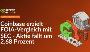 Coinbase-Logo vor SEC-Gebäudefassade, Aktienchart mit fallender roter Linie im Hintergrund