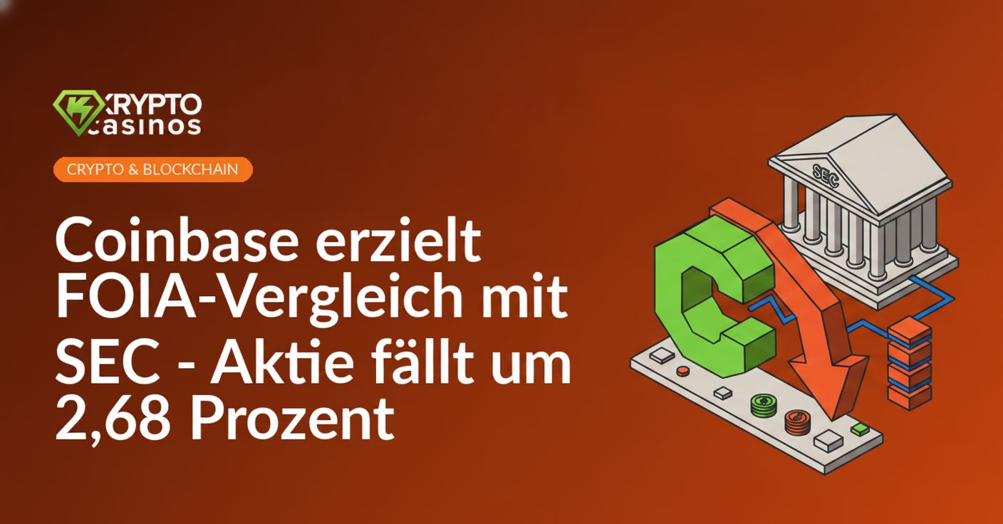 Coinbase-Logo vor SEC-Gebäudefassade, Aktienchart mit fallender roter Linie im Hintergrund