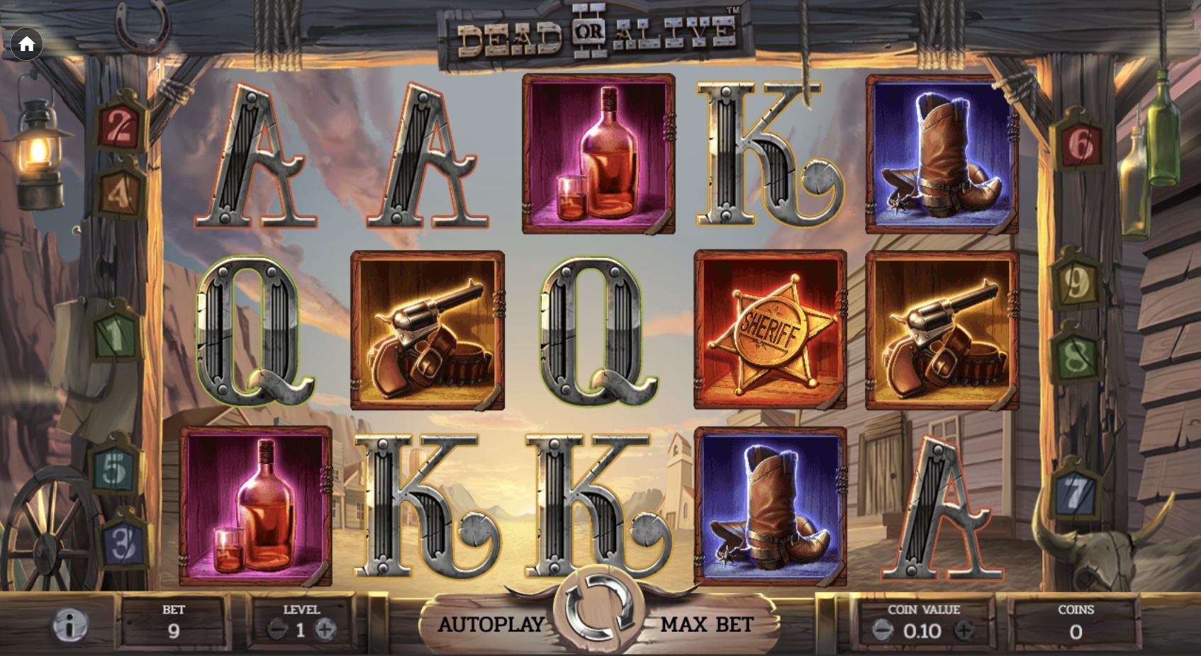 dead or alive 2 slot with Wild West reels, cowboy boots, sheriff badge and revolver symbols