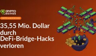 Digitale Geldbrücke zwischen zwei Computern mit roten Warnzeichen und fallenden Dollarzeichen vor dunklem Hintergrund