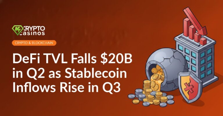 Cracked vault spilling coins, broken warning shield, office building with a red downward chart in the background