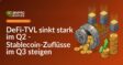 Ein zerbrochener Tresor mit Münzen, Münzstapel mit nach oben zeigendem Pfeil und vernetzte Serverknoten mit Leuchtlinien.