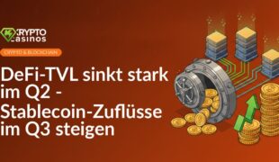 Ein zerbrochener Tresor mit Münzen, Münzstapel mit nach oben zeigendem Pfeil und vernetzte Serverknoten mit Leuchtlinien.