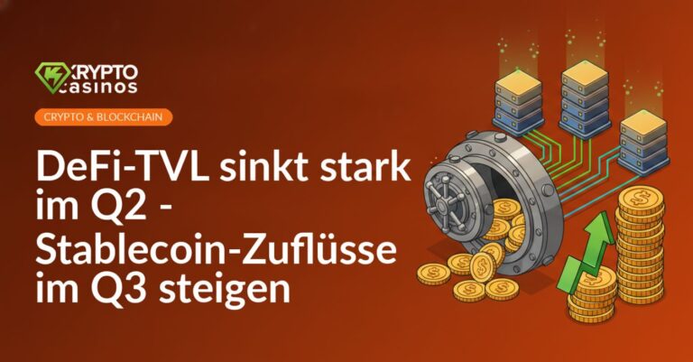 Ein zerbrochener Tresor mit Münzen, Münzstapel mit nach oben zeigendem Pfeil und vernetzte Serverknoten mit Leuchtlinien.