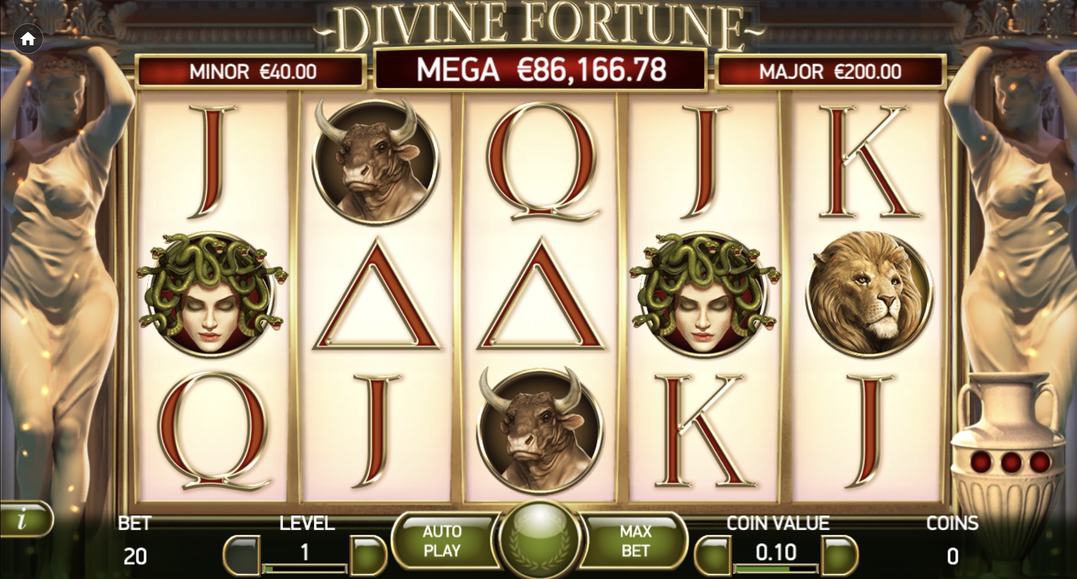 divine fortune megaways slot with greek mythology symbols, lions, medusa and eagle icons